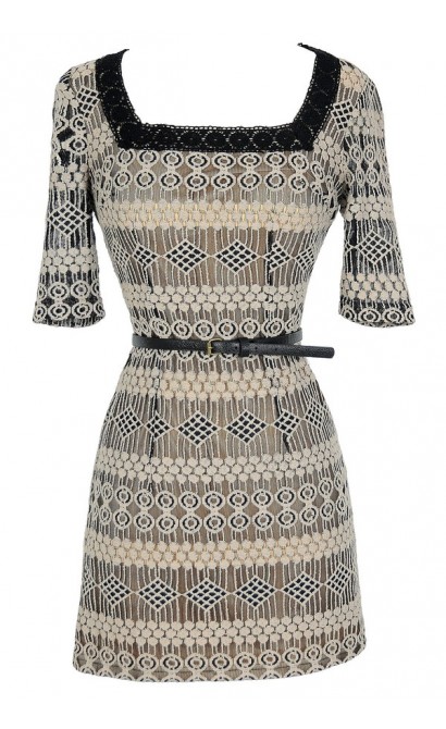 Delicate Designs Square Neck Belted Lace Dress in Black/Beige